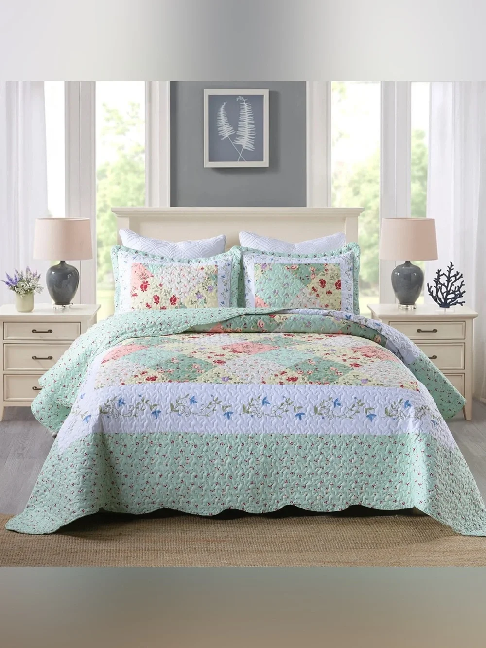 3 PIECE FLORAL PATCHWORK QUILT SET – LIGHTWEIGHT COTTAGE GARDEN BEDSPREAD